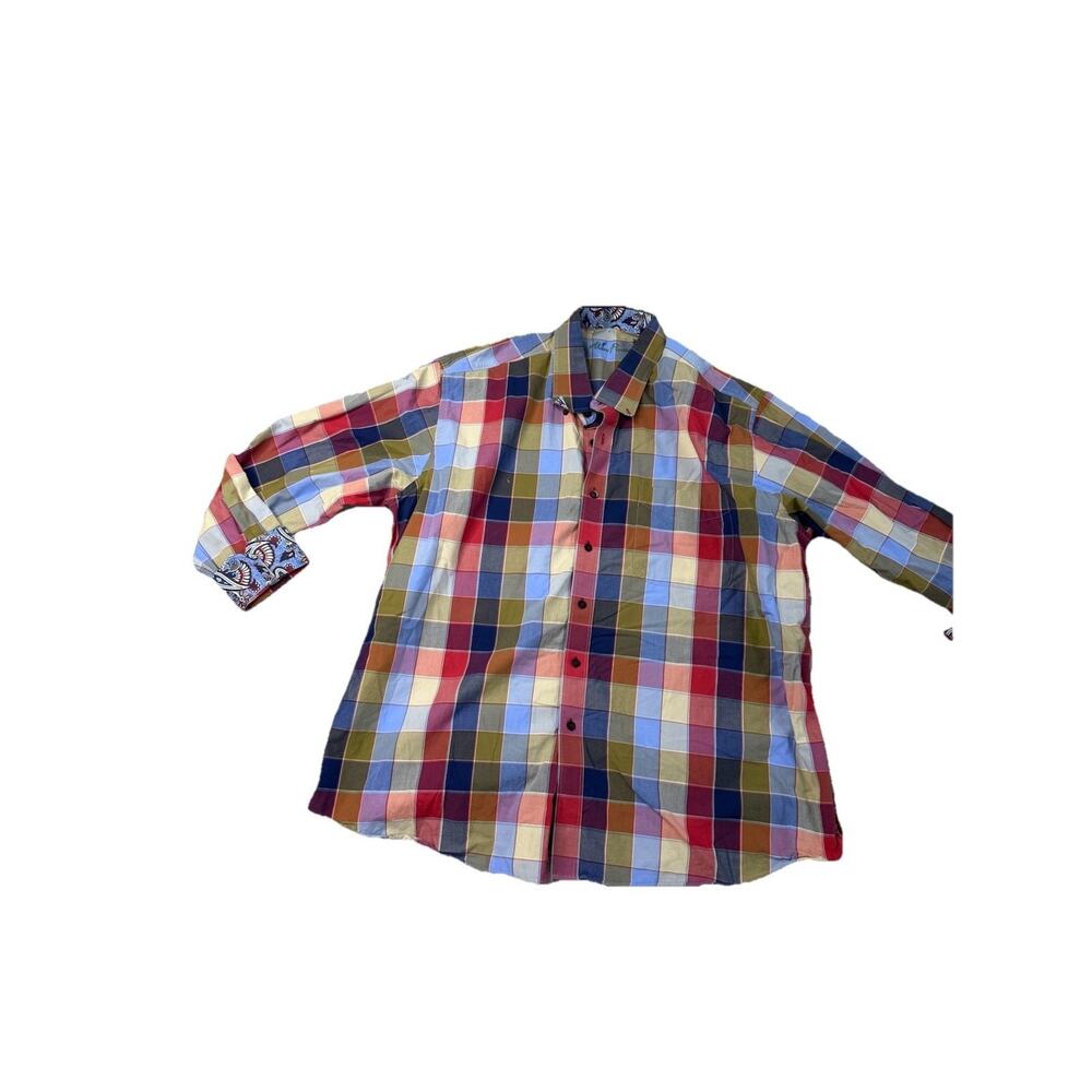 Alan Flusser Mens Shirt XXL Multicolor Plaid Flip Cuff Long Sleeve Button Up
